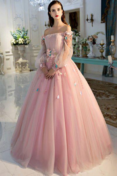 Long Sleeve Pearl Pink Ball Gown Off ...
